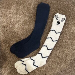 Knee High Cute Bear and Solid Navy Fuzzy Socks